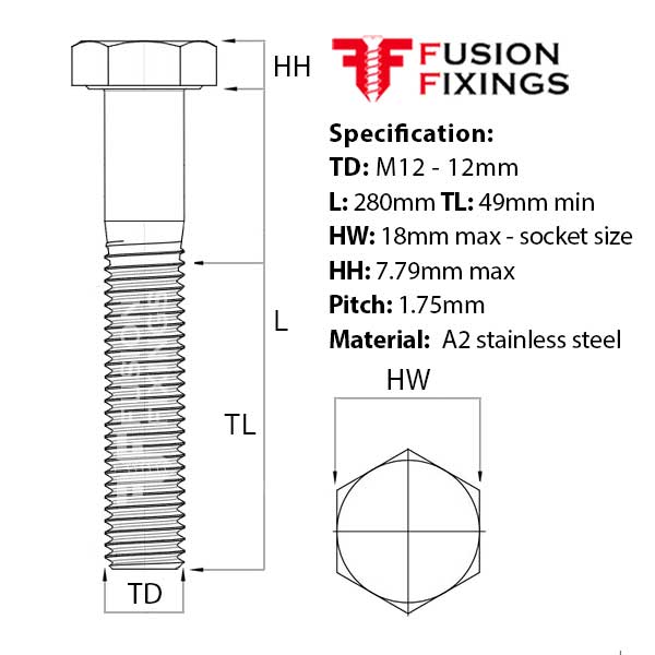 Size guide for the M12 x 280mm Hex Bolt (Part Threaded Bolt) A2 stainless steel, DIN 931. Part of a growing range of hex bolts in stock at Fusion Fixings.