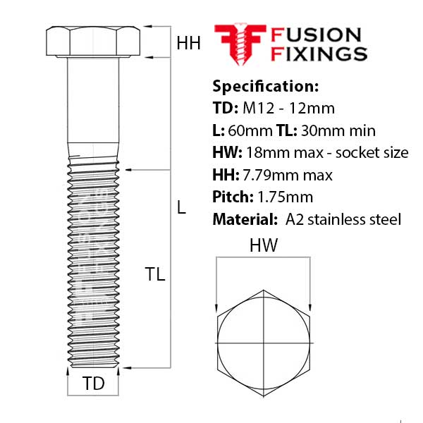 Size guide for the M12 x 60mm Hex Bolt (Part Threaded Bolt) A2 stainless steel, DIN 931. Part of a growing range of hex head bolts from Fusion Fixings.