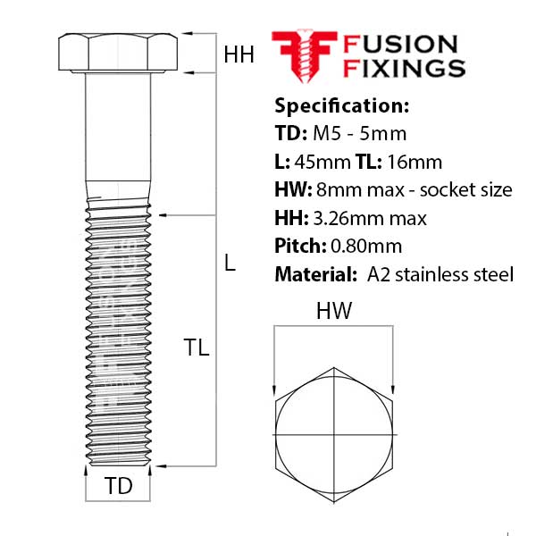 Size guide for the M5 x 45mm Hex Bolt (Part Threaded Bolt) A2 stainless steel, DIN 931