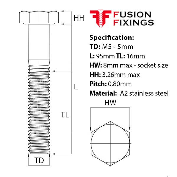 Size guide for the M5 x 95mm Hex Bolt (Part Threaded Bolt) A2 Stainless Steel DIN 931. Part of a larger range of hex head bolts available at Fusion Fixings.