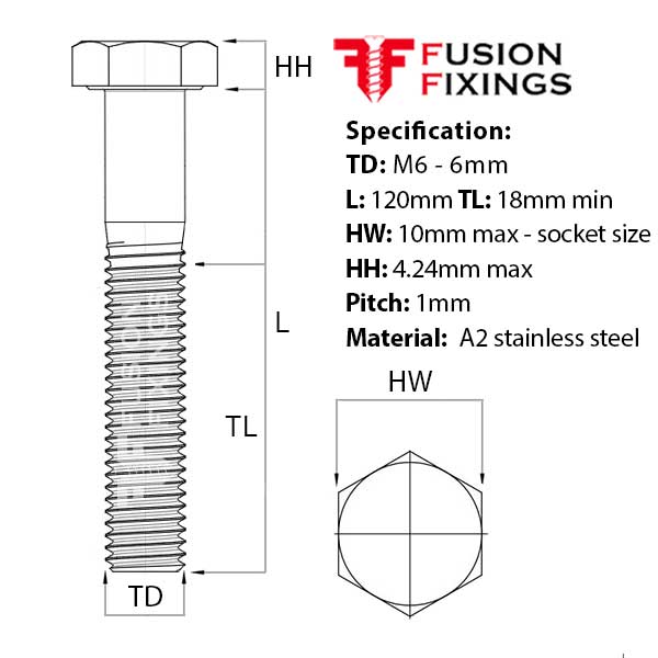 Size guide for the M6 x 120mm Hex Bolt (Part Threaded Bolt) A2 stainless steel, DIN 931