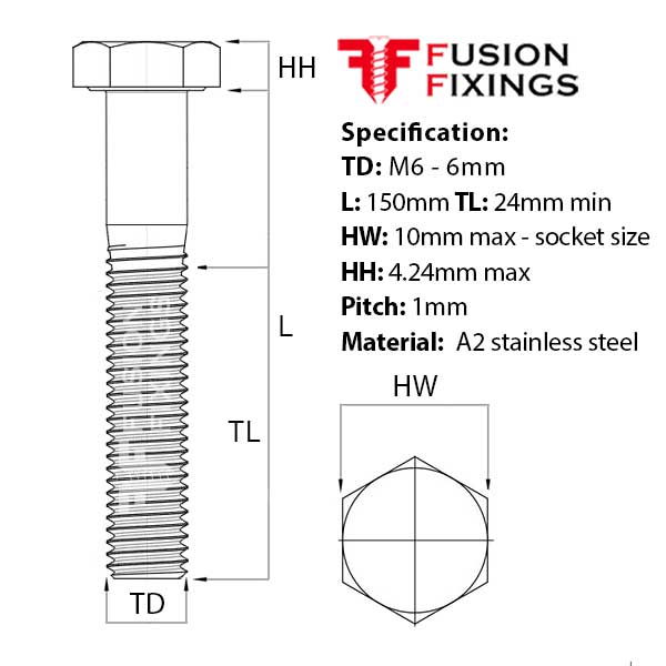 M6 x 150mm Hex Bolt (Part Threaded Bolt) A2 stainless steel, DIN 931