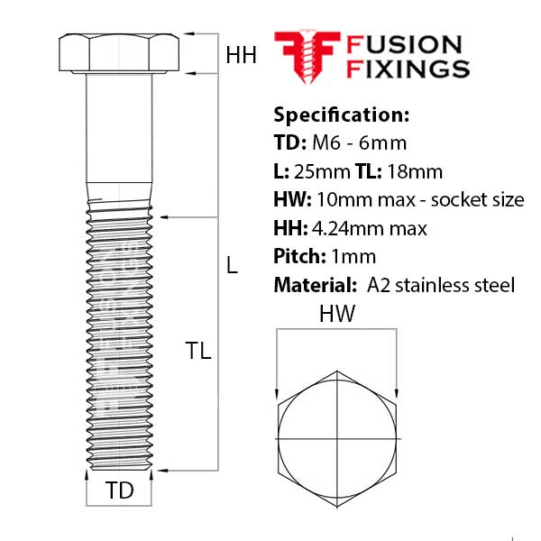 M6 x 25mm Hex Bolt (Part Threaded Bolt) A2 stainless steel, DIN 931