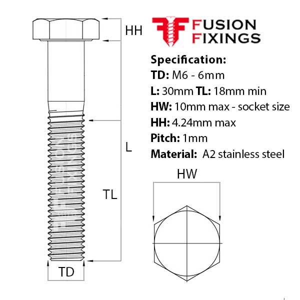 Size guide for the M6 x 30mm Hex Bolt (Part Threaded Bolt) A2 stainless steel, DIN 931. Part of a growing range of hex bolts available from Fusion Fixings.