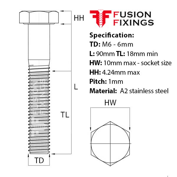 Size guide for the M6 x 90mm Hex Bolt (Part Threaded Bolt) A2 stainless steel, DIN 931. Part of a larger range of hex bolts available at Fusion Fixings.