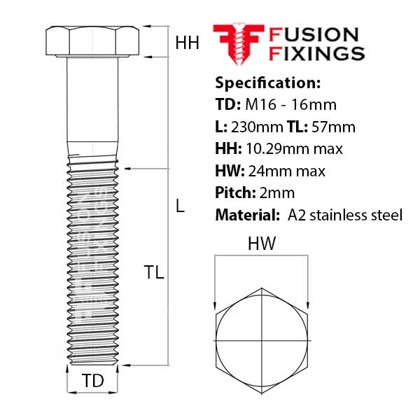 Size guide for M16 x 230mm Hex Bolt (Part Threaded Bolt) A2 stainless steel, DIN 931