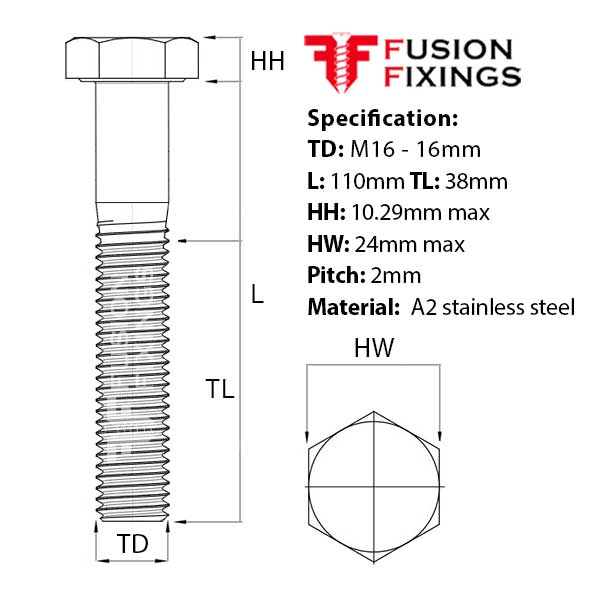 Size guide for M16 x 110mm Hex Bolt (Part Threaded Bolt) A2 stainless steel, DIN 931