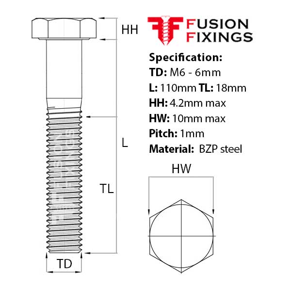 Size guide for M6 x 110mm Hex Bolt (Part Threaded Bolt) BZP, DIN 931 Grade 8.8