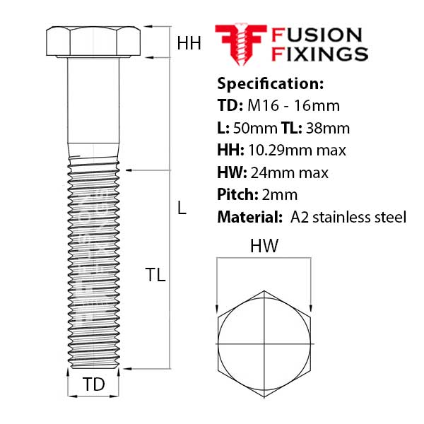 Size guide for M16 x 50mm Hex Bolt (Part Threaded Bolt) A2 stainless steel, DIN 931