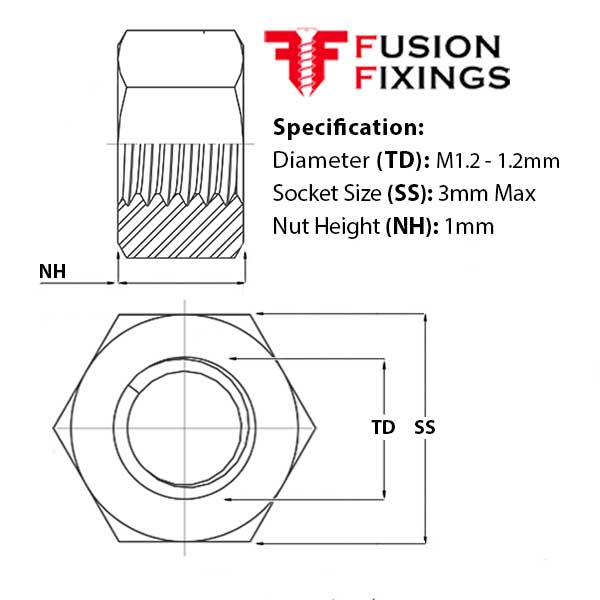 Size guide for the M1.2 Hex Full Nut, Hexagon Nut Metric Coarse A2 Stainless DIN 934