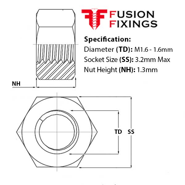 Size guide for the M1.6 Hex Full Nut, Hexagon Nut Metric Coarse A2 Stainless DIN 934