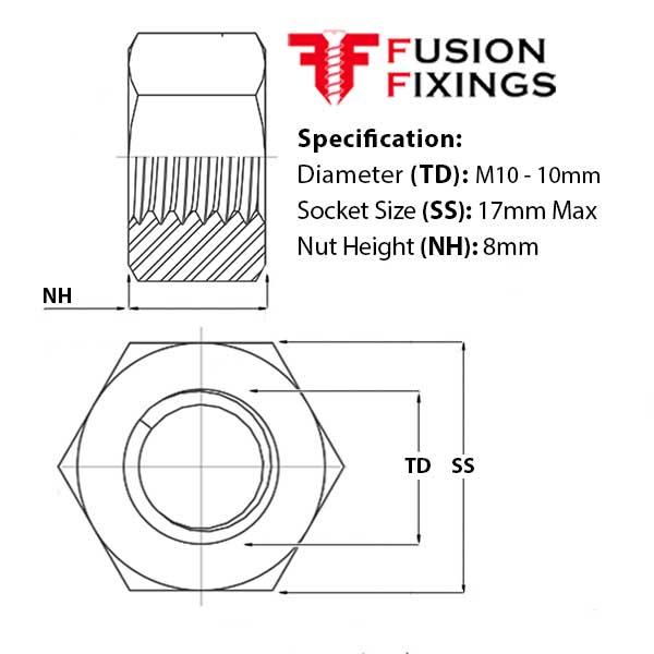 Size guide for the M10 Hex Full Nut, Hexagon Nut Metric Coarse A2 Stainless DIN 934