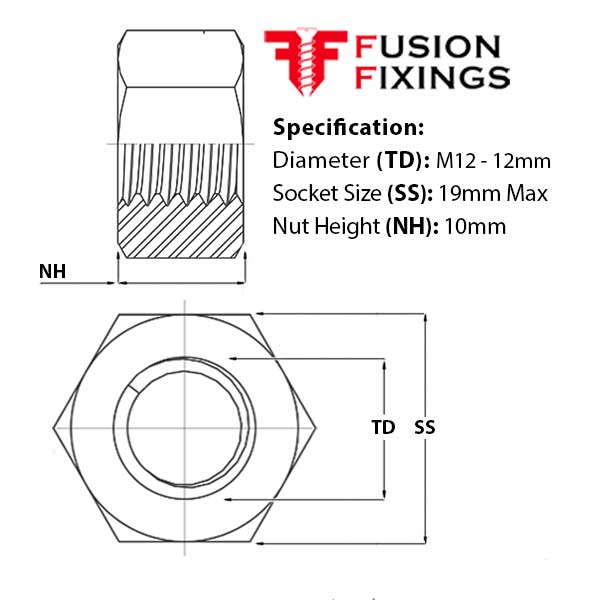 Size guide for the M12 Hex Full Nut, Hexagon Nut Metric Coarse A2 Stainless DIN 934