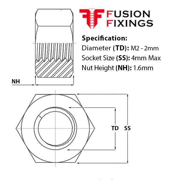 Size guide for the M2 stainless steel Hex Full Nut, Hexagon Nut Metric Coarse A2 Stainless DIN 934