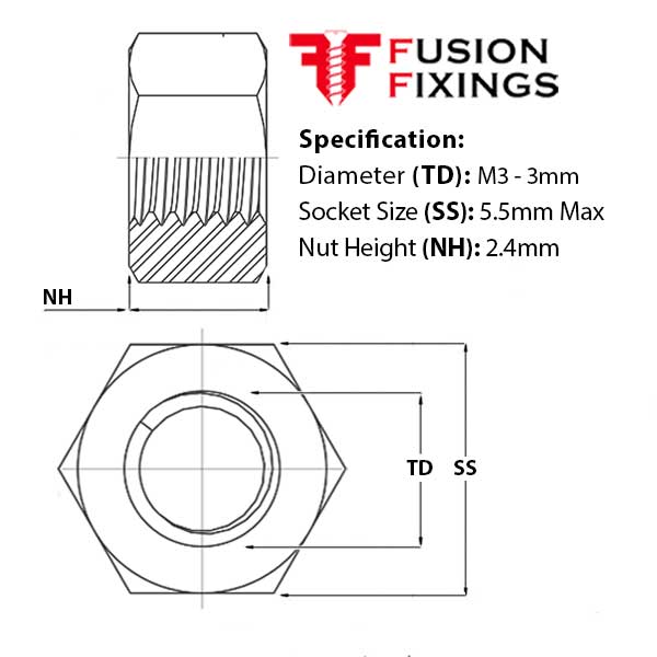 Size guide for the M3 Hex Full Nut, Hexagon Nut Metric Coarse A2 Stainless DIN 934