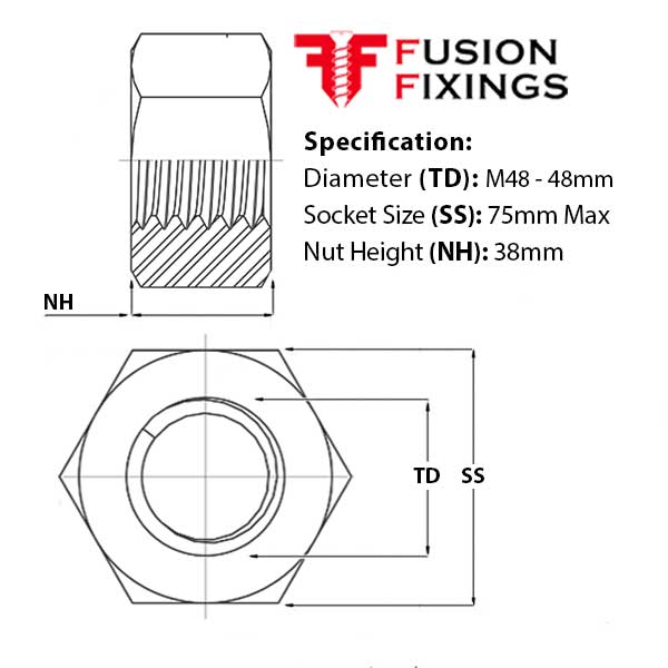 Size guide for the M48 Hex Full Nut, Hexagon Nut Metric Coarse A2 Stainless DIN 934