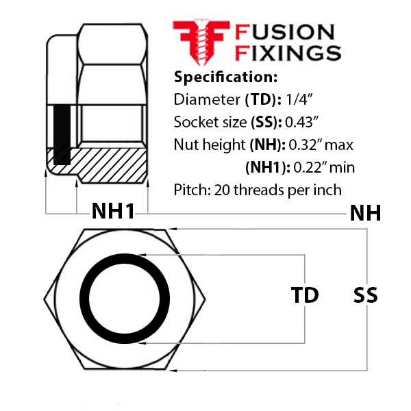 Size guide for 1/4” UNC Nyloc Nut, Bright Zinc Plated