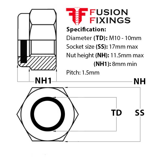 Size guide for M10 Nyloc Nut, P-Type (High), BZP DIN 985