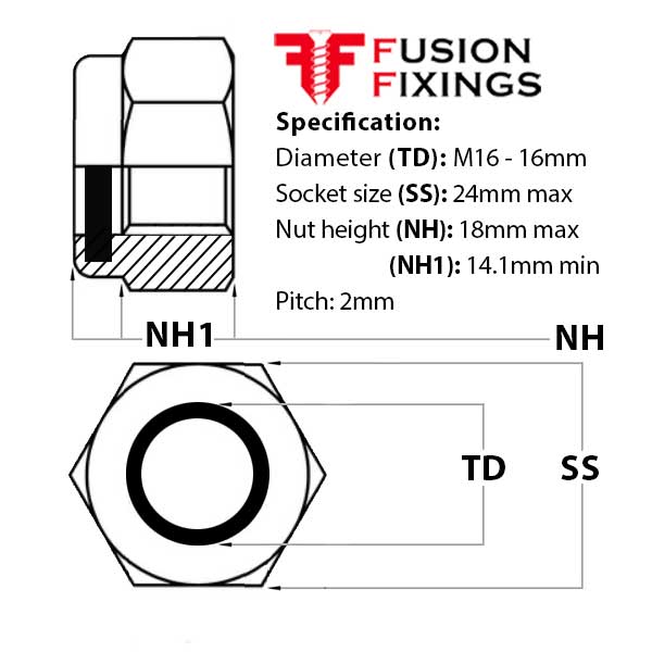 Size guide for M16 Nyloc Nut, P-Type (High), BZP DIN 985