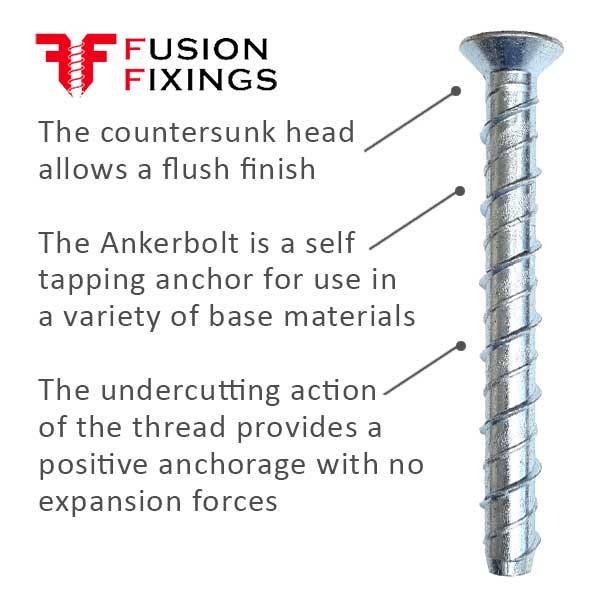 Info image for the Countersunk Ankerbolts from Fusion Fixings with a Torx drive. Manufactured in Grade 8.8 with a BZP coating from Fusion Fixings.