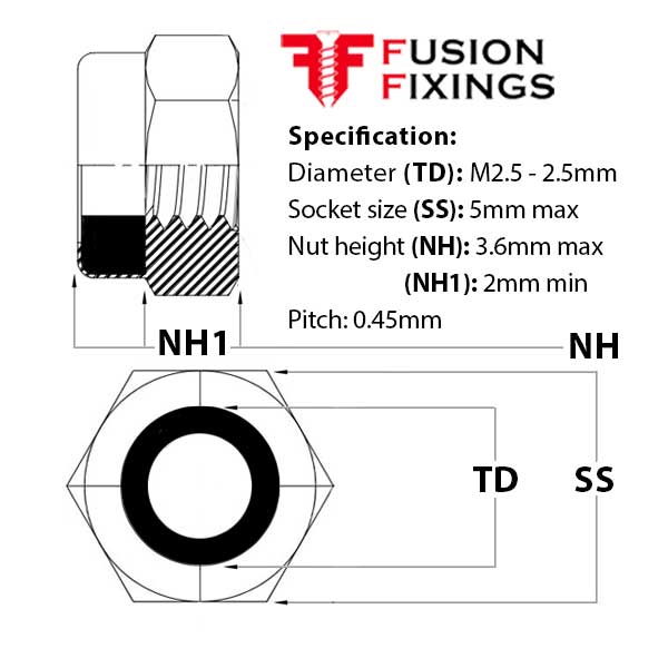 Size guide for M2.5 Nyloc Nut (Nylon Insert Nut) T Type, A2 Stainless Steel DIN 985