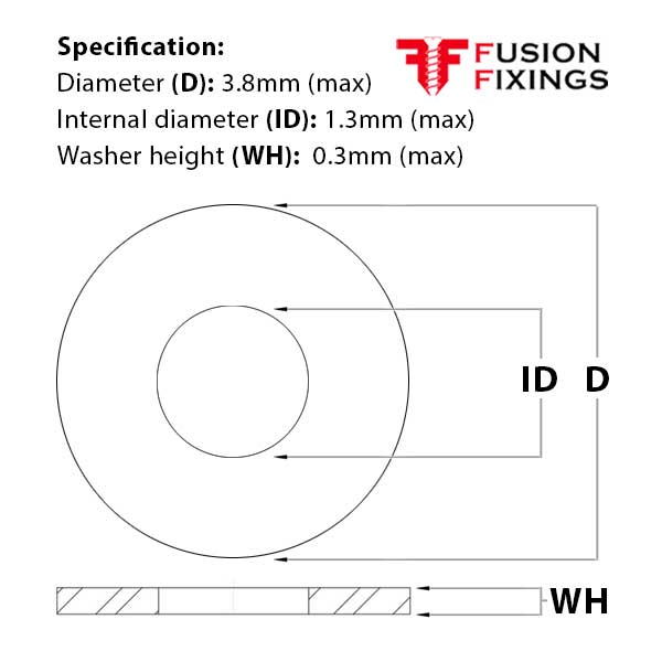 Size guide for the M1.2 Form A Flat Washer, A2 Stainless Steel, DIN 125