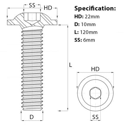Size diagram for the M10 x 120mm Flanged Socket Button Head Screw A2 Stainless ISO 7380-2