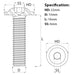 Size guide for the self colour M10 x 16mm Flanged Socket Button Head Screw, in self colour, grade 10.9 steel.