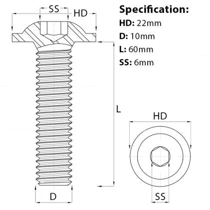 Size diagram for the M10 x 60mm Flanged Socket Button Head Screw in A2 Stainless Steel ISO 7380-2.