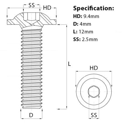 Size diagram for the M4 x 12mm Socket Button Flange Screw BZP Grade 10.9