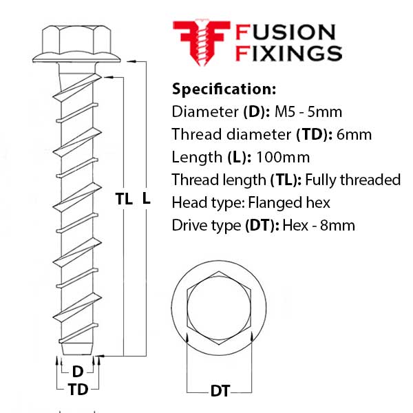 Size guide for the M5 (6mm) x 100mm Hex Flange Ankerbolt, Concrete Bolt, Grade 8.8 BZP