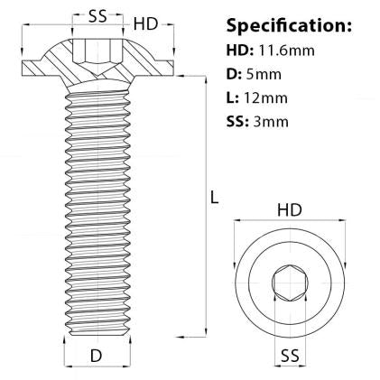 Size diagrame fopr the M5 x 12mm Socket Button Flange Screw BZP Grade 10.9. Part of a growing range of button hed socket screws available from Fusion Fixings