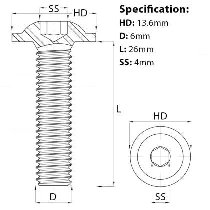 Size diagram for the M6 x 25mm Flanged Socket Button Head Screw A2 Stainless ISO 7380-2