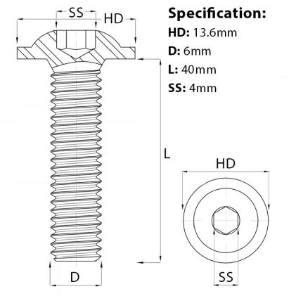 Size diagram of the M6 x 40mm Flanged Socket Button Head Screw A2 Stainless ISO 7380-2