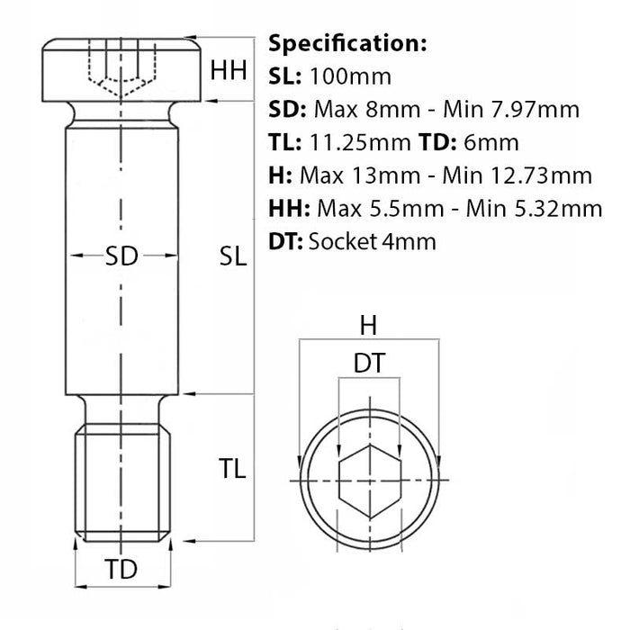 Size guide for the M6 (8mm) x 100mm, Socket Shoulder Screws, Self-Colour, Grade 12.9, ISO 7379