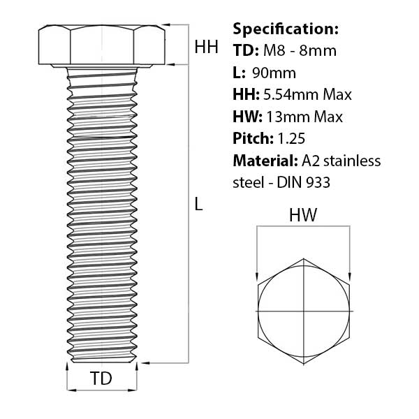 Size guide for the M8 x 90mm Hex Set Screw (Fully Threaded Bolt) A2 Stainless Steel DIN 933