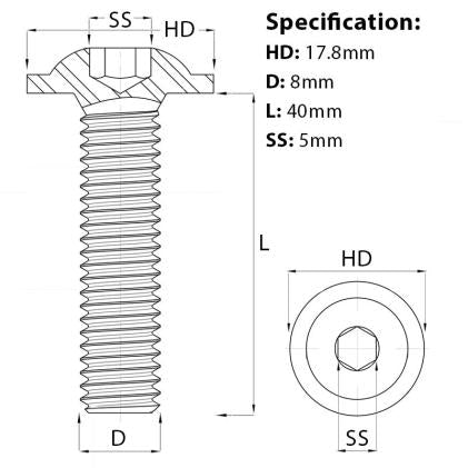 Size guide for the M8 x 40mm Flanged Socket Button Head Screw  in A2 Stainless  Steel