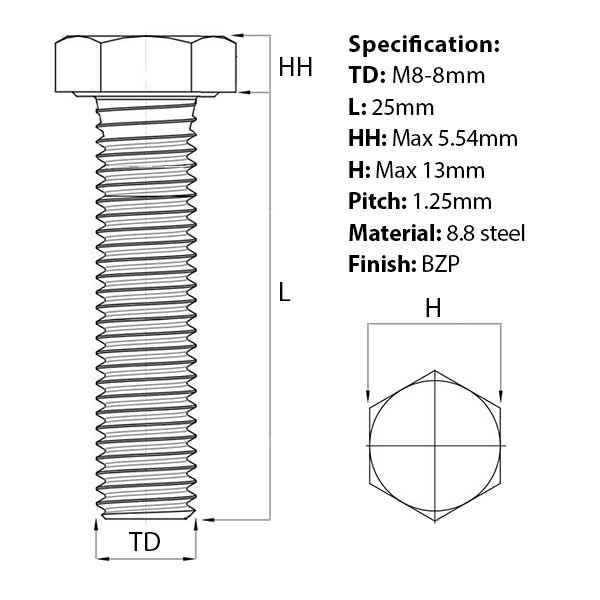 Size guide for the M8 x 25mm Hex Set Screw (Fully Threaded Bolt) 8.8 high tensile steel, BZP, DIN 933