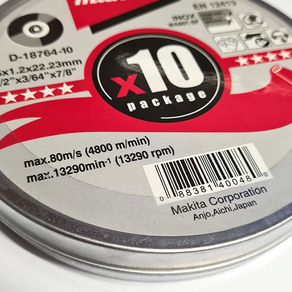 Detail image of the Makita 115mm Thin Metal Cutting Discs - Pack of 10, D-18764-10