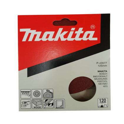 Part of a growing range of sanding discs. The Makita 125mm Sanding Discs (8 holes), 120 Grit, Pack of 10, P-43577 offers effective sanding across various materials.