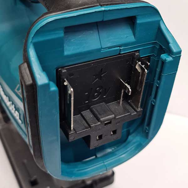 Makita Jigsaw 18V, DJV180Z (Bare Unit) product image showing the battery end of the jigsaw