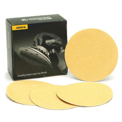 Mirka 150mm GOLD PSA Sanding Discs (No Holes) with a P180 Grit. Supplied as a pack of 100 and part of a larger range of sanding discs available.