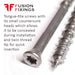 Information image for the Torx countersunk head and the twin thread point of the screw tip for the 3.5 x 32mm Tongue Tite Screws, Torx, Stainless Steel, Box of 200 (TFTTS03532)