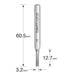 Size chart in millimetres for the Trend Two Flute Router Cutter with 3.2mm x 12.7mm cutting head.