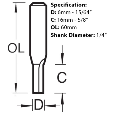 Size diagram for the Trend Two Flute Router Cutter, 6mm x 16mm, C005X1/4TC.