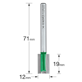 Size guide illustration for the Trend Two Flute Cutter, 12mm x 19mm, C019AX1/4TC from Fusion Fixings.