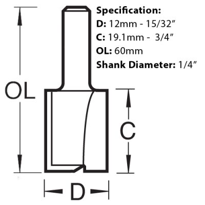 Dimension chart for the Trend Two Flute Router Cutter, C019X1/4TC.