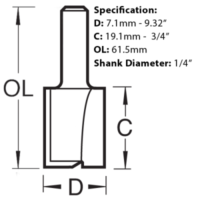 Size diagram for the Trend, straight 2 flute router cutter bit with a 7.1mm x 19.1mm cutter head. C009X1/4TC.