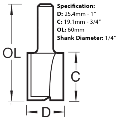 C033X1/4TC, Trend Two Flute Router Cutter dimension guide.