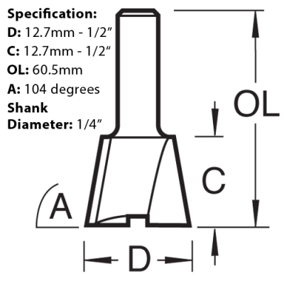 Trend Dovetail Router Cutter, 104 degrees x 12.7mm, C041AX1/4TC, size guide.